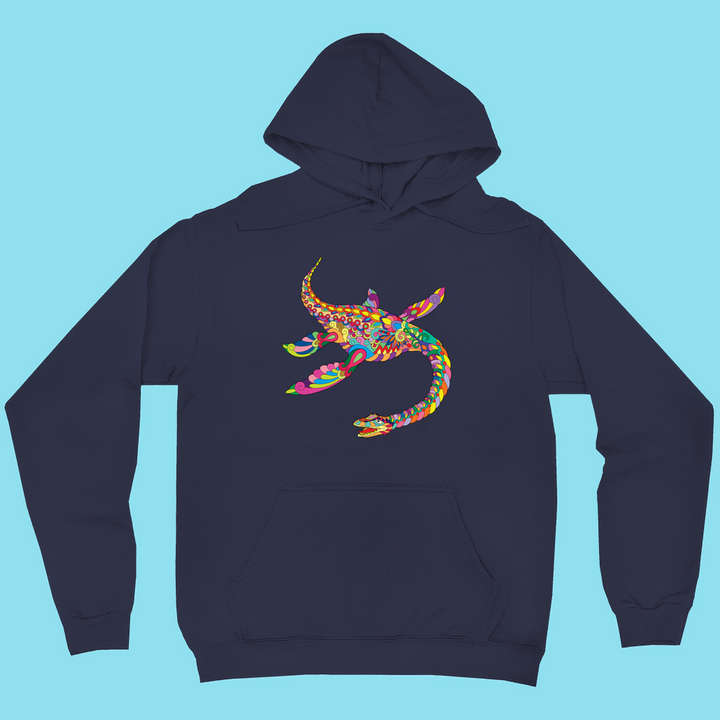 The Men Plesiosaurus Zentangle Hoodie by Jurassic Studio is a navy blue unisex hoodie with a colorful abstract floral lizard design on the front, great for fans of unique styles like the Plesiosaurus hoodie.