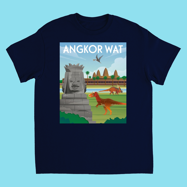The Kids Angkor Wat T-Shirt by Jurassic Studio features a temple face, dinosaurs like T. rex, and a flying pterosaur with ANGKOR WAT on top—perfect for kids and dino fans!.