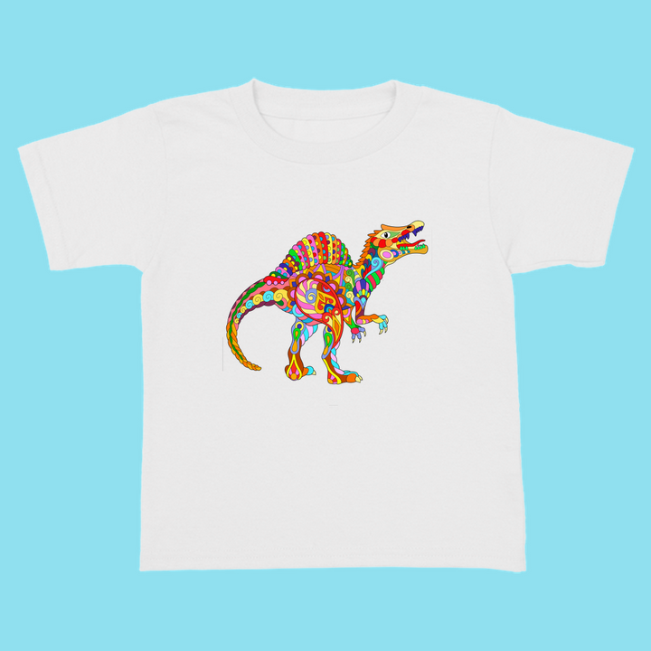 The Toddler Spinosaurus Zentangle T-Shirt by Jurassic Studio features a colorful abstract dinosaur on white—a perfect gift for dino fans and a Jurassic Studio exclusive.