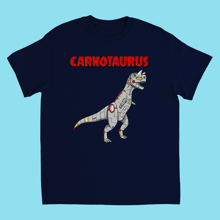 The Kids Robot Carnotaurus T-Shirt by Jurassic Studio features a cartoon robot Carnotaurus dinosaur below bold red CARNOTAURUS text on a navy blue shirt—perfect for dino fans and available exclusively from Jurassic Studio.