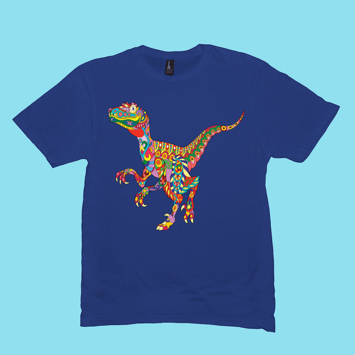 The Men Velociraptor Zentangle T-Shirt by Jurassic Studio features a psychedelic-style dinosaur design with vibrant patterns and shapes on a light blue background.