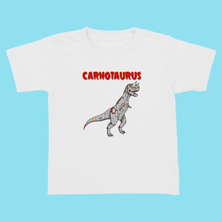 The Toddler Robot Carnotaurus T-Shirt by Jurassic Studio features a white tee with a cartoon robot carnotaurus, bold red “CARNOTAURUS” text, and a light blue background—an exclusive gift for dino fans!.