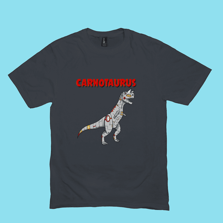 The Men Robot Carnotaurus T-Shirt by Jurassic Studio features a black tee with a cartoon dinosaur in metallic accents and red eyes, set under bold red CARNOTAURUS text on light blue. A unique gift for dinosaur fans.