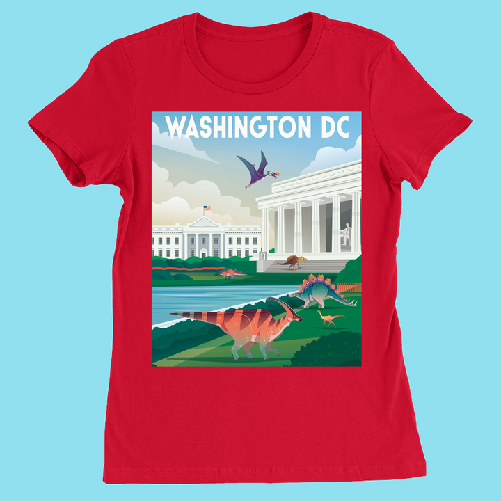The Women Washington DC T-Shirt by Jurassic Studio showcases colorful DC landmarks and dinosaurs like T. rex and Stegosaurus before the White House, with WASHINGTON DC on top—a unique, fun gift for dino fans.