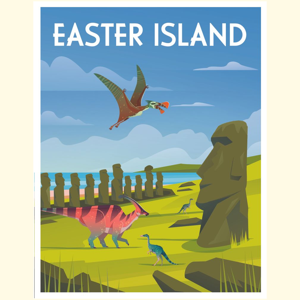 The Easter Island Poster by Jurassic Studio features Moai statues on grassy hills with dinosaurs and a flying pterosaur, plus Easter Island at the top—a perfect dinosaur-themed canvas artwork.