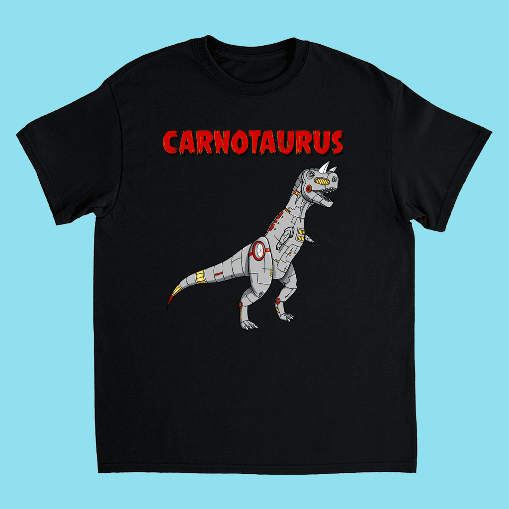 The Kids Robot Carnotaurus T-Shirt by Jurassic Studio features “CARNOTAURUS” in bold red above a cartoon robot dinosaur with mechanical details on a light blue background—perfect for any young dinosaur fan.