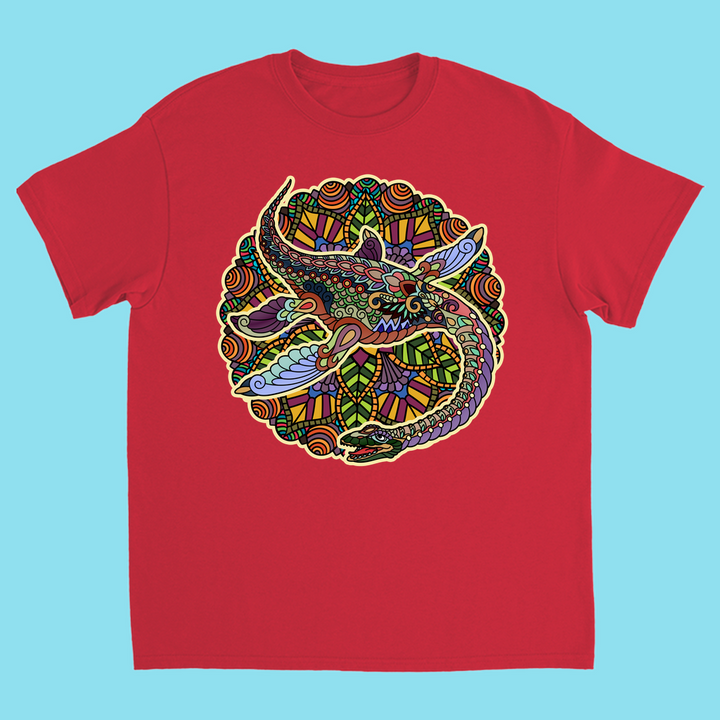 The Jurassic Studio Kids Plesiosaurus Mandala T-Shirt features a vibrant circular mandala design with two colorful plesiosaurs, surrounded by intricate mosaic patterns on a light blue background—an ideal gift for young dinosaur fans.