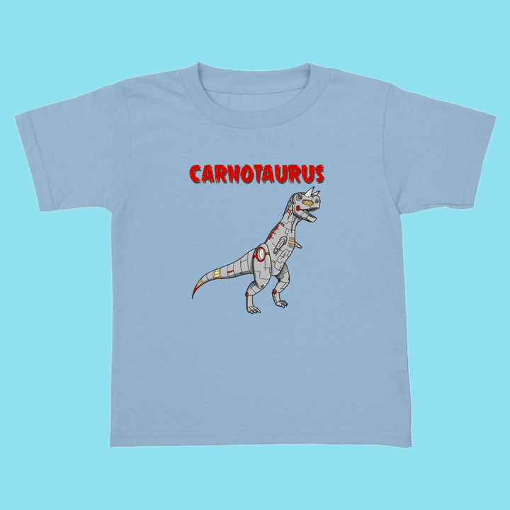 The Jurassic Studio Toddler Robot Carnotaurus T-Shirt is a light blue tee with a cartoon robot dinosaur and bold red CARNOTAURUS text—an exclusive gift for young dinosaur fans.