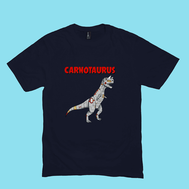 Jurassic Studio’s Men Robot Carnotaurus T-Shirt features a cartoon gray Robot Carnotaurus with red details and bold CARNOTAURUS text on a light blue background—the perfect gift for dinosaur fans.
