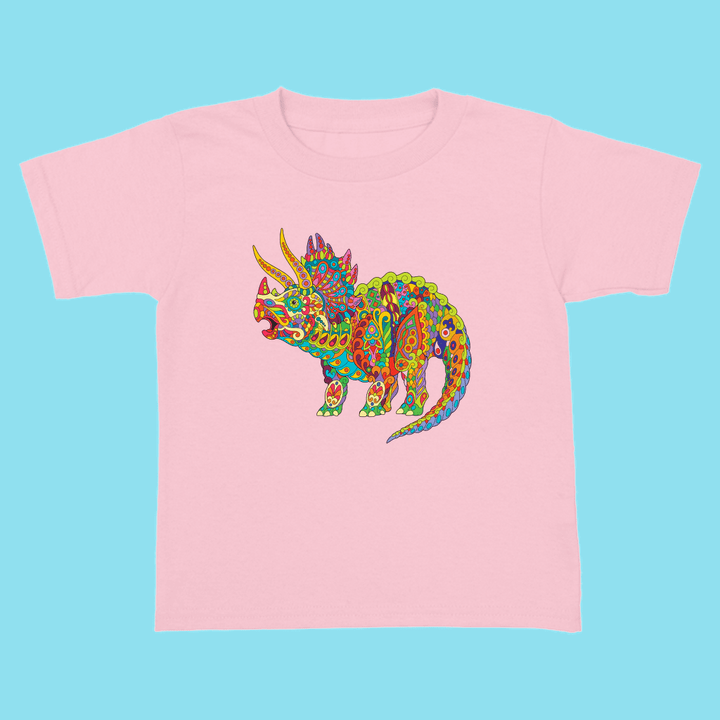 The Toddler Triceratops Zentangle T-Shirt by Jurassic Studio features a colorful, geometric dinosaur design on a light blue background—an ideal gift for young dinosaur fans and a Jurassic Studio exclusive.