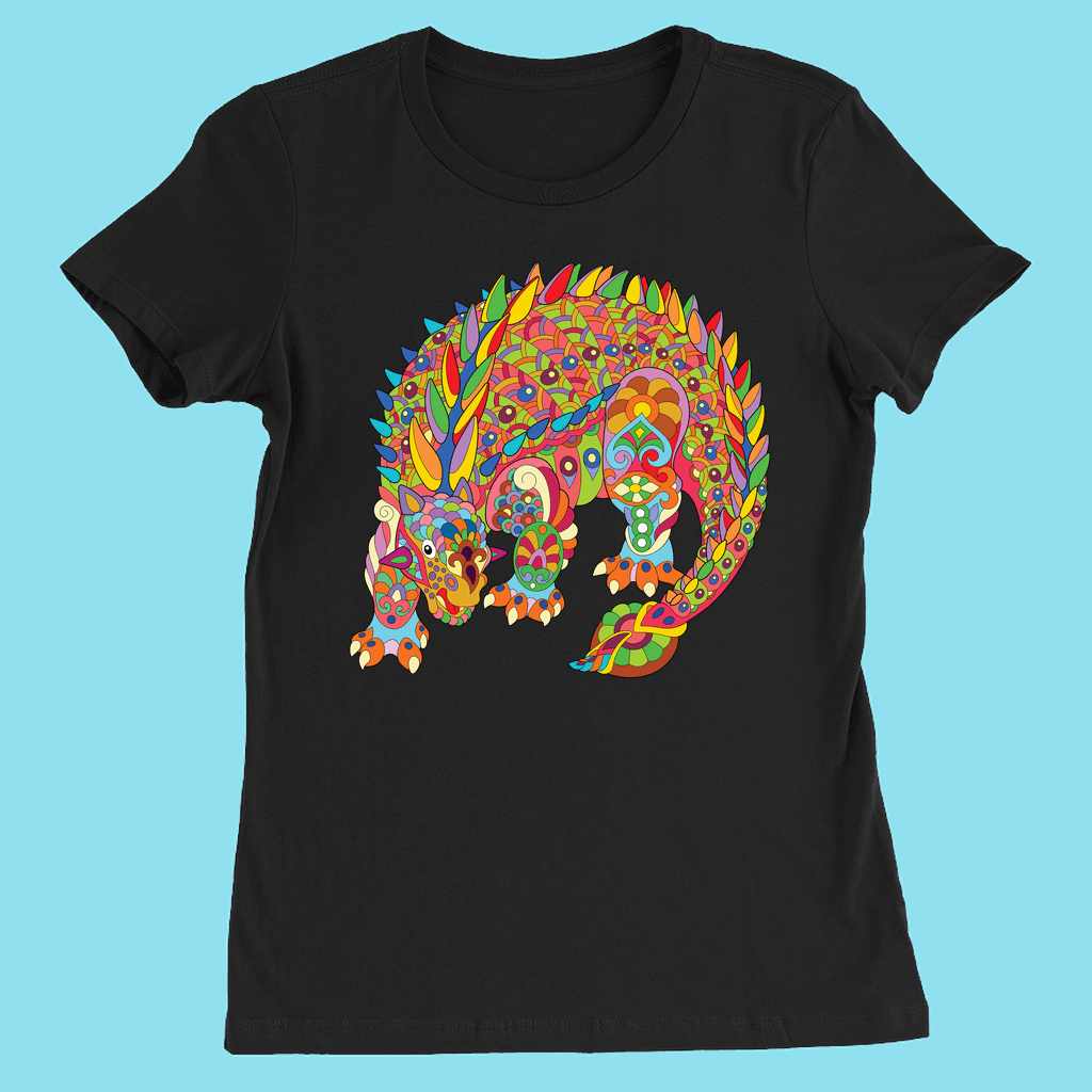 The Women Ankylosaurus Zentangle T-Shirt by Jurassic Studio features a vibrant, intricate ankylosaurus design with colorful patterns—a unique pick for art lovers and fans of distinctive dino styles.