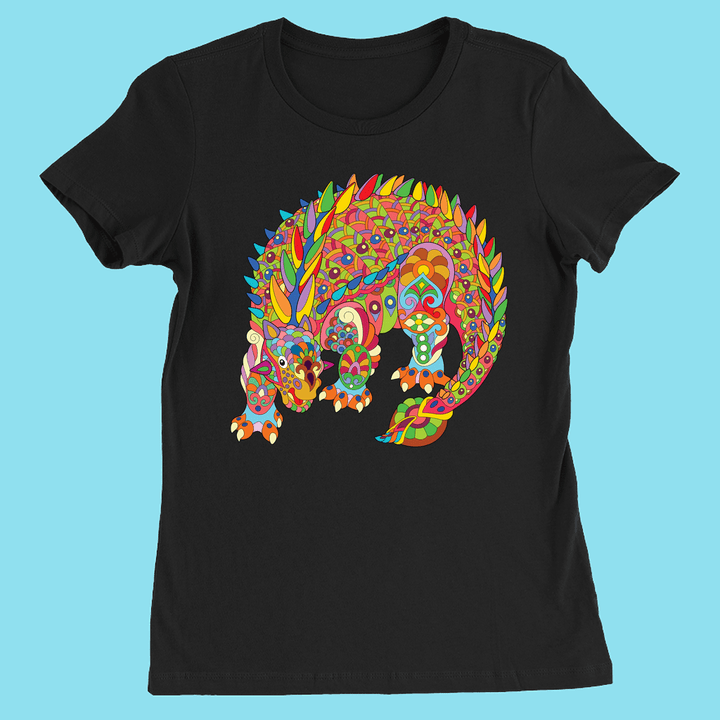 The Women Ankylosaurus Zentangle T-Shirt by Jurassic Studio features a vibrant, intricate ankylosaurus design with colorful patterns—a unique pick for art lovers and fans of distinctive dino styles.