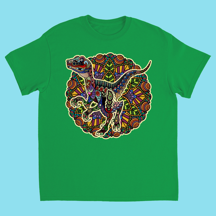 The Jurassic Studio Kids Velociraptor Mandala T-Shirt features a green tee with a vibrant patterned raptor before an intricate mandala background—an exclusive, perfect gift for dinosaur fans.