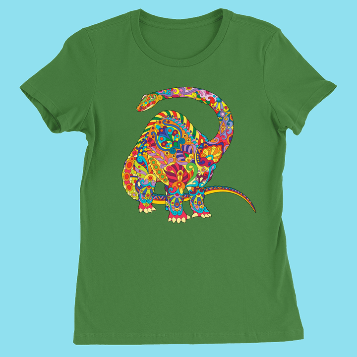 The Women Brontosaurus Zentangle T-Shirt by Jurassic Studio features a colorful brontosaurus with floral and abstract patterns on soft Airlume cotton in light blue.