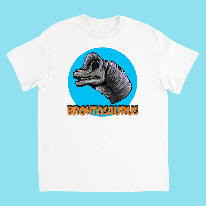 The Kids Brontosaurus Head T-Shirt by Jurassic Studio features a cartoon Brontosaurus head in a blue circle with bold orange “BRONTOSAURUS” text—an exclusive and perfect gift for any young dinosaur fan.