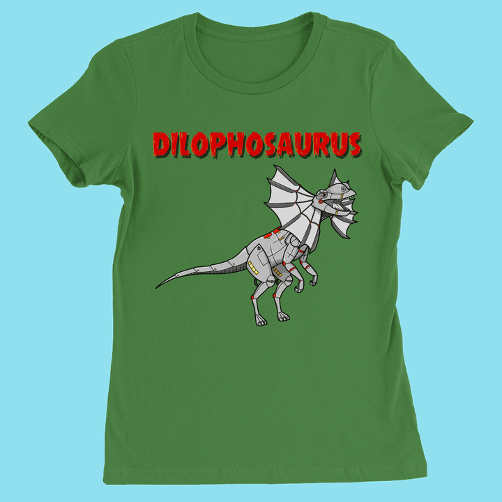 Jurassic Studio’s Women Robot Dilophosaurus T-Shirt features a cartoon robot dino with metal frills and bold red “DILOPHOSAURUS”—a unique gift for dinosaur fans!.