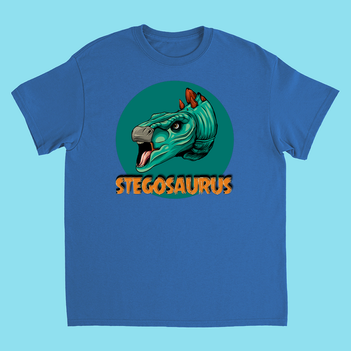 Kids Stegosaurus Head T-Shirt by Jurassic Studio—blue shirt with a green stegosaurus head in a circle and bold orange STEGOSAURUS text. Exclusive design, great as a dinosaur fan gift or for kids who love dinos!.