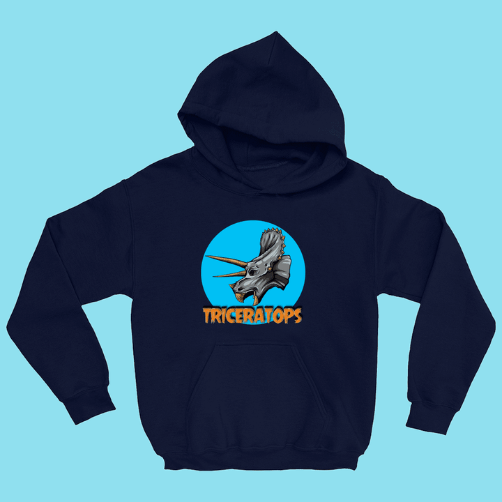The Kids Triceratops Head Hoodie by Jurassic Studio features a navy blue design with a gray triceratops graphic inside a blue circle and bold orange TRICERATOPS text, perfect for dinosaur-loving kids.