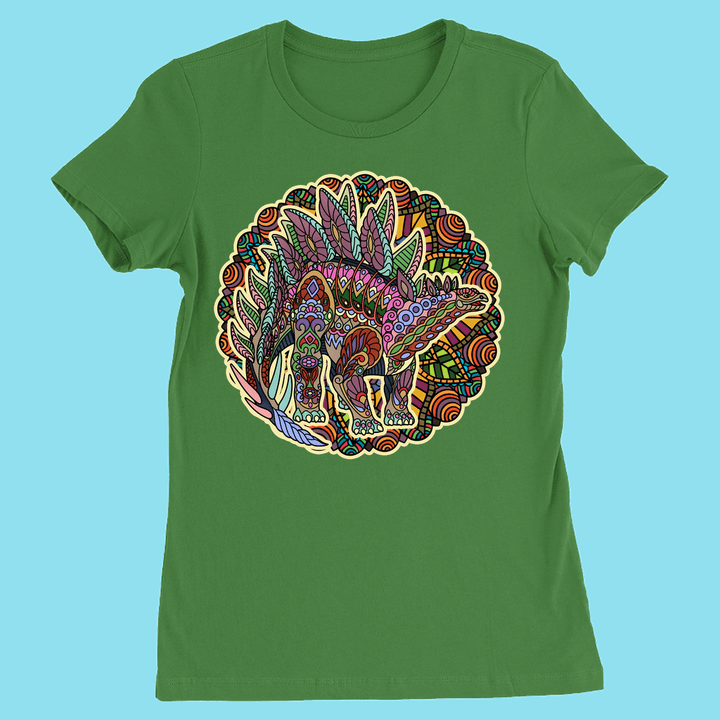The Jurassic Studio Women Stegosaurus Mandala T-Shirt features a colorful, patterned dinosaur with a vibrant mandala background on light blue—an exclusive design and perfect dinosaur gift.