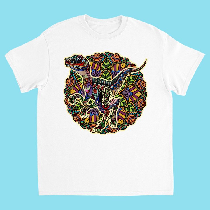 The Kids Velociraptor Mandala T-Shirt by Jurassic Studio features a vibrant velociraptor over a mandala background—an exclusive gift for young dinosaur fans.