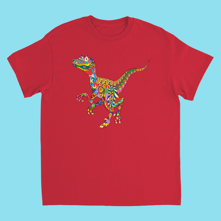 The Kids Velociraptor Zentangle T-Shirt by Jurassic Studio is a red tee with a detailed dinosaur illustration, perfect for dino fans. Features a standing velociraptor on light blue—exclusive gift for young enthusiasts.