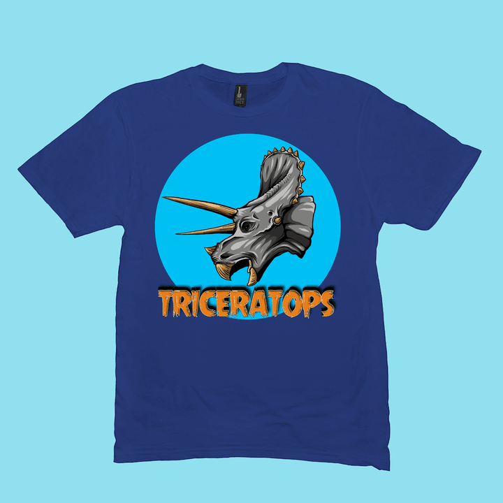 The Jurassic Studio Men Triceratops Head T-Shirt showcases a detailed dino sketch in a blue circle with bold orange TRICERATOPS text—an ideal gift for dinosaur fans and Jurassic enthusiasts.