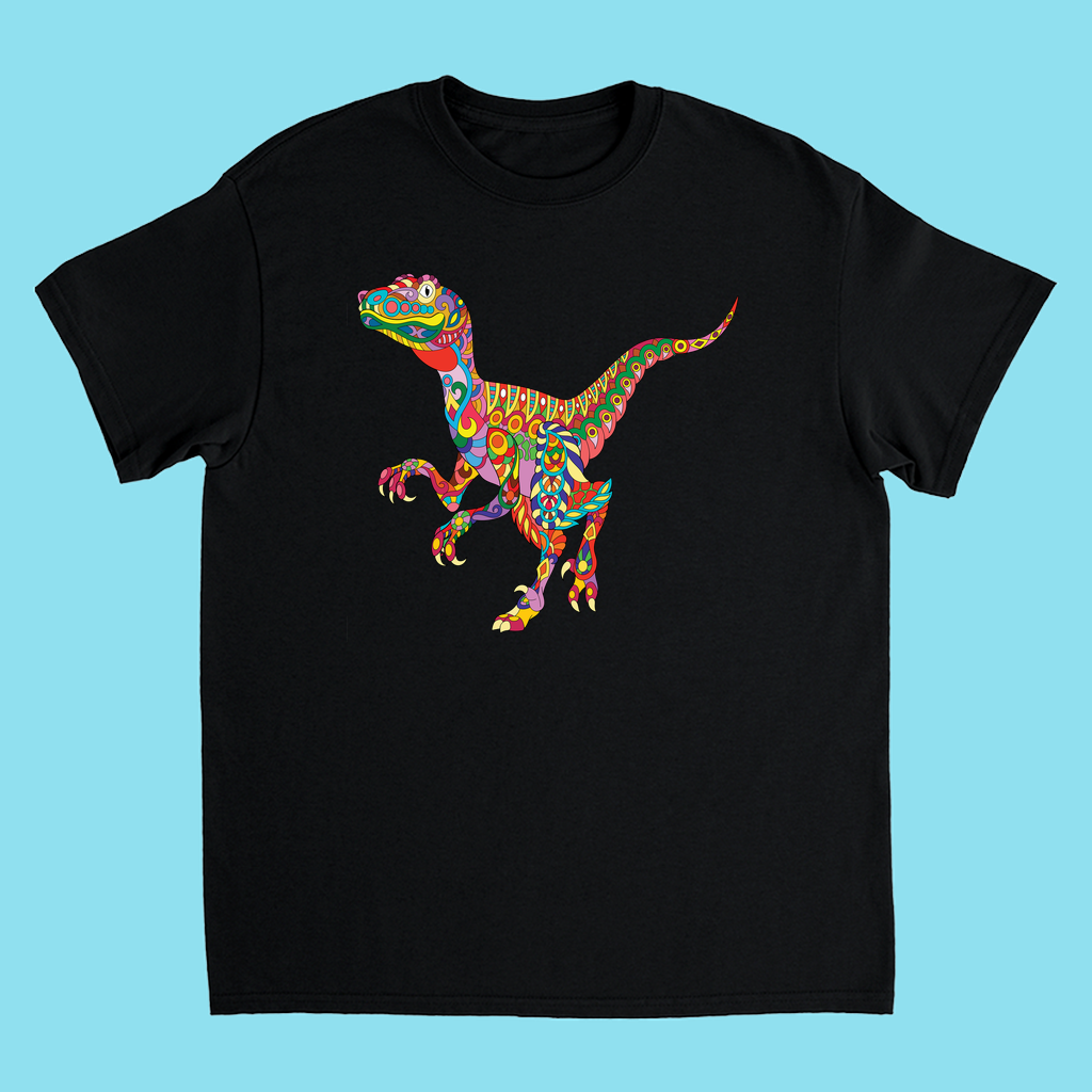 The Kids Velociraptor Zentangle T-Shirt by Jurassic Studio features a vibrant, psychedelic-style velociraptor with intricate patterns—perfect for any young dinosaur fan and available exclusively from Jurassic Studio.