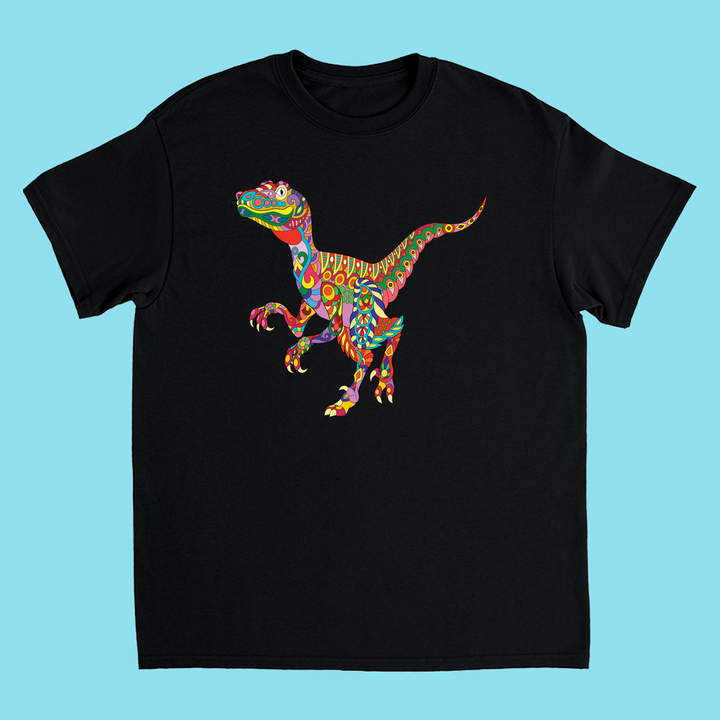 The Kids Velociraptor Zentangle T-Shirt by Jurassic Studio features a vibrant, psychedelic-style velociraptor with intricate patterns—perfect for any young dinosaur fan and available exclusively from Jurassic Studio.