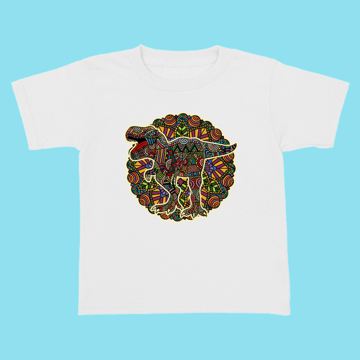 The Jurassic Studio Toddler T-Rex Mandala T-Shirt features a colorful, intricate dinosaur mandala in a circle on light blue 100% cotton—an ideal shirt and fun gift for young dino fans.