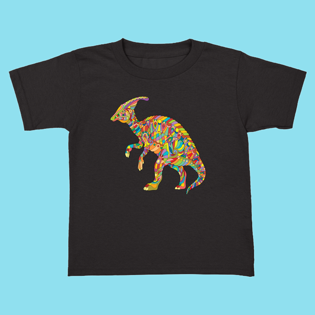 The Jurassic Studio Toddler Hadrosaur Zentangle T-Shirt is a 100% cotton tee with a colorful Parasaurolophus graphic on light blue—an ideal gift for dinosaur fans!.