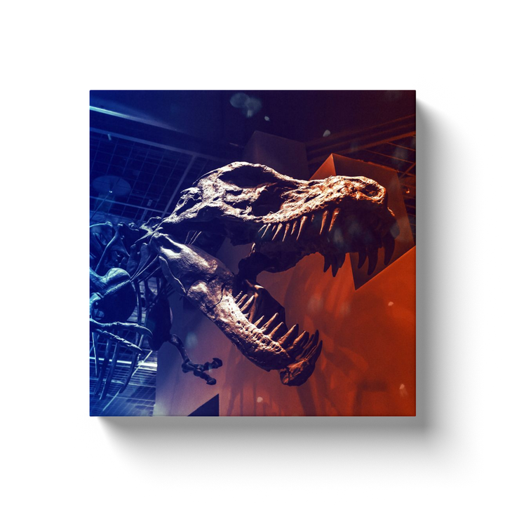 A dramatic museum photo of a large T-Rex skull fossil, bathed in blue and orange light, inspires the Jurassic Studio T-Rex Skeleton Canvas Wrap—perfect for striking dinosaur-themed décor.