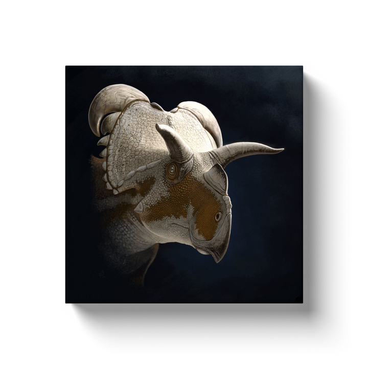 Medusaceratops Portrait Canvas Wrap by Jurassic Studio features a detailed horned dinosaur illustration with textured skin and striking horns on a dark background—an ideal wall art piece for dinosaur enthusiasts.