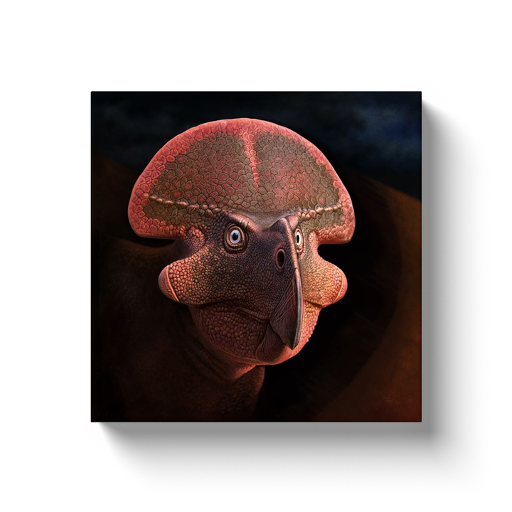 Jurassic Studio’s Protoceratops Portrait Canvas Wrap features a digital illustration of a prehistoric dinosaur with a red dome-shaped crest and textured skin—an ideal choice for canvas wall art enthusiasts.