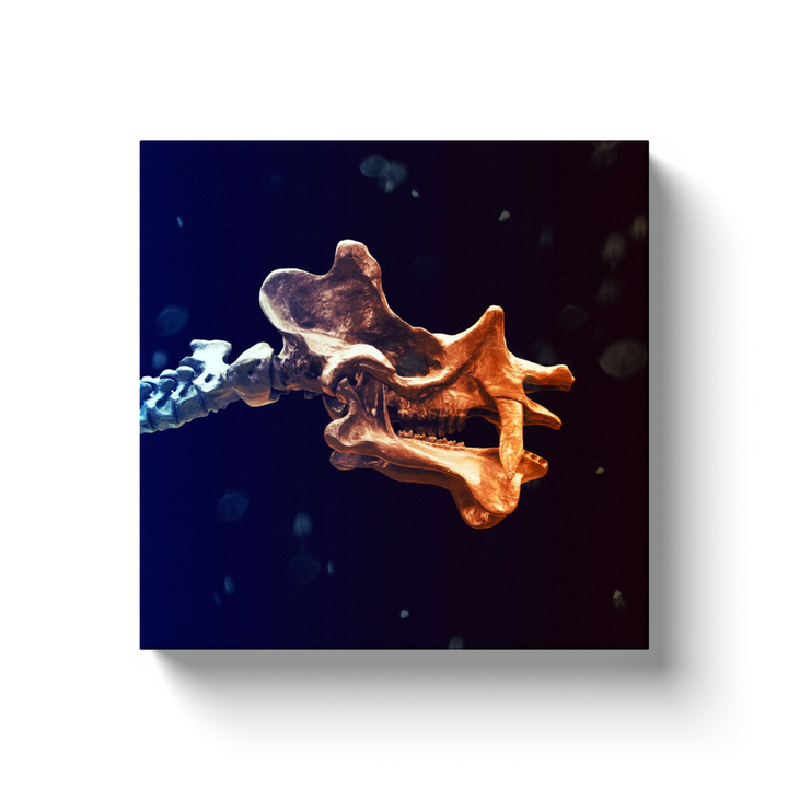 The Uintatherium Skeleton Canvas Wrap by Jurassic Studio features a digital depiction of a partial dinosaur skeleton with vertebrae and an open jaw, set against a dark, blurred background with scattered light spots. White border included.