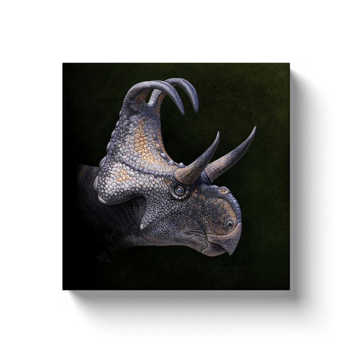 The Triceratops Portrait Canvas Wrap by Jurassic Studio features a detailed illustration of a triceratops head with textured skin, three horns, and a frilled crest on a dark green background, centered on a square canvas with subtle shadow.