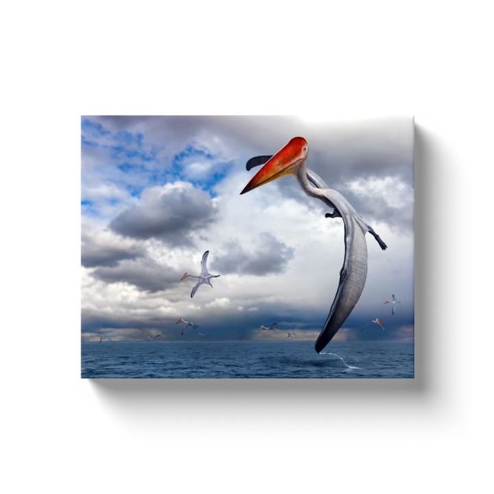 The Azhdarcho Flying Canvas Wrap by Jurassic Studio features a large prehistoric reptile with a long beak and red crest soaring above the ocean—an ideal dinosaur wall art piece for fans of captivating artwork.