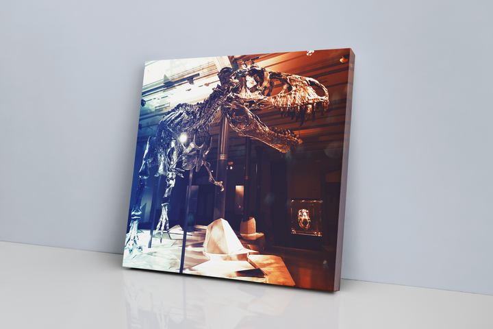 The Jurassic Studio T-Rex Full Skeleton Canvas Wrap showcases a dramatic museum photo of a dinosaur skeleton, highlighted by striking lighting, and displayed against a light-colored wall.