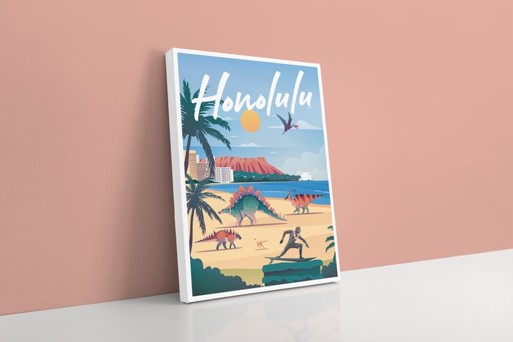 The Honolulu Canvas Wrap by Jurassic Studio features a sunny beach scene with palm trees, surfers, dinosaur art, and Diamond Head. “Honolulu” appears in white script as the vibrant artwork leans against a pink wall.