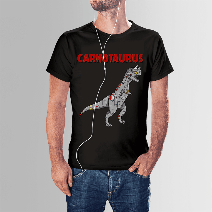 A man in the Men Robot Carnotaurus T-Shirt by Jurassic Studio, featuring a cartoon robot dinosaur and bold red CARNOTAURUS text—a perfect gift for dinosaur fans and a Jurassic Studio exclusive.
