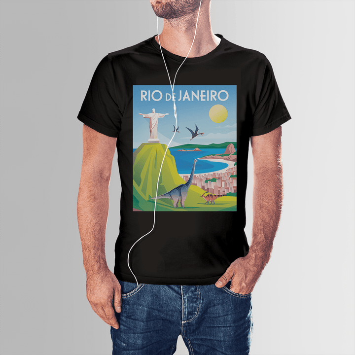 A man wearing earphones and a black Jurassic Studio Men Rio de Janeiro T-Shirt, featuring stylized illustrations of Christ the Redeemer, beaches, mountains, and dinosaurs—a perfect gift for any dinosaur fan.