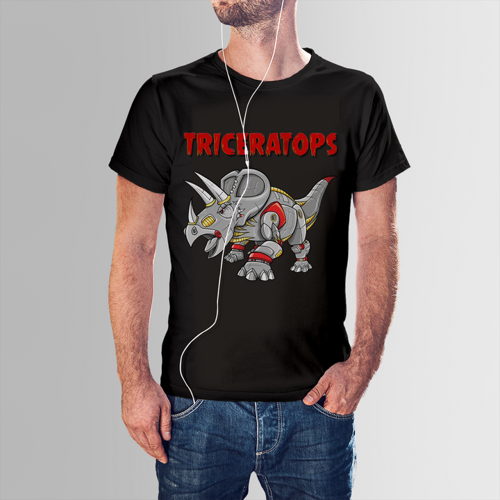 A man wears the Men Robot Triceratops T-Shirt by Jurassic Studio, featuring a cartoon robotic triceratops and bold red TRICERATOPS text—ideal for dinosaur fans or exclusive collectors. He listens to earphones with a hand in his jeans pocket.