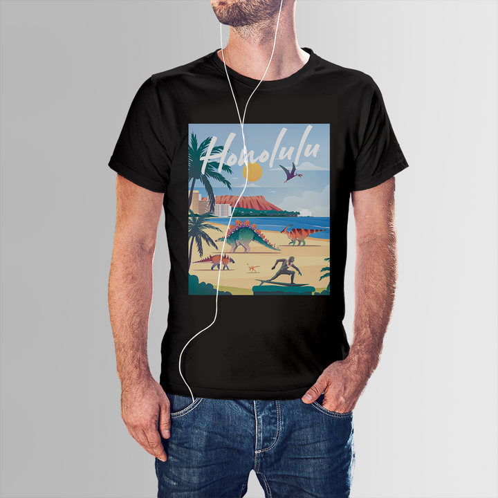 Man in a Men Honolulu T-Shirt by Jurassic Studio, featuring a vibrant beach scene with palm trees, surfers, and Diamond Head, listens to music—ideal for any dinosaur fans gift collection.