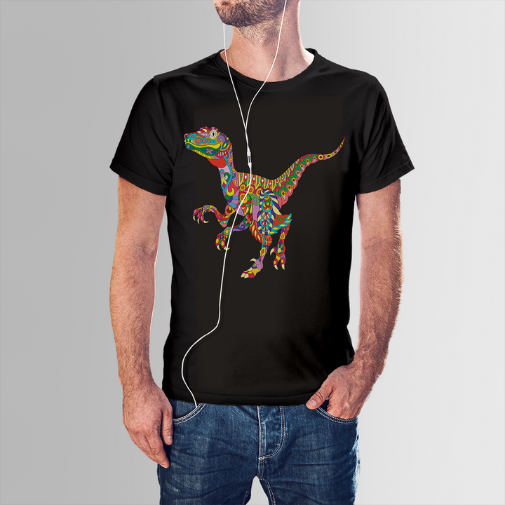 A man wearing headphones and the Jurassic Studio Men Velociraptor Zentangle T-Shirt, featuring a colorful, intricate dinosaur graphic, stands with one hand in his pocket against a light background, showcasing unique Jurassic Studio style.
