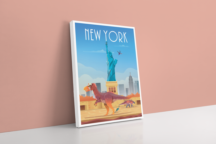 The New York Canvas Wrap by Jurassic Studio features vibrant dinosaur and pterosaur artwork with the Statue of Liberty, skyscrapers, and “NEW YORK” at the top—perfect for adding a unique touch to your space.