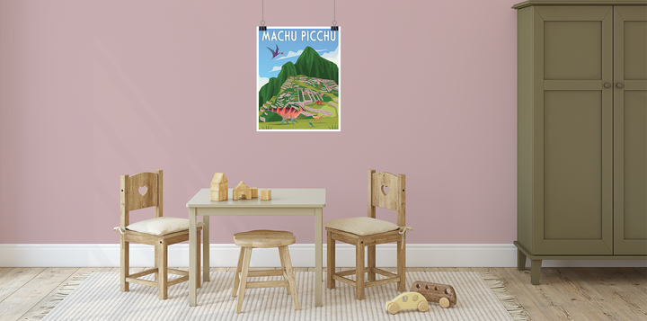 A childrens playroom with a small table, two wooden chairs, toy blocks, toy cars, and a pink wall featuring dinosaur artwork and the Machu Picchu Poster by Jurassic Studio. An olive green wardrobe stands on the right side.