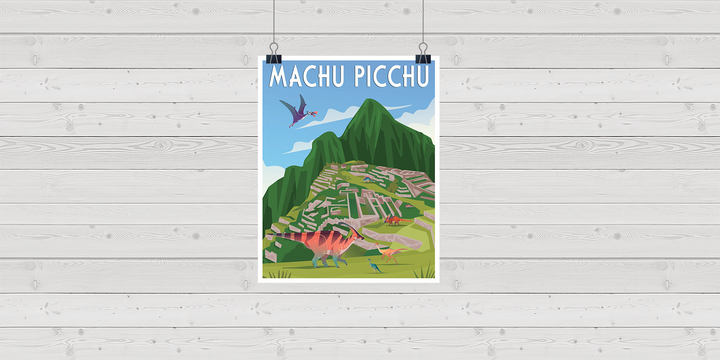 The Machu Picchu Poster by Jurassic Studio features vibrant dinosaur art with green mountains, ancient ruins, flying pterosaurs, and a foreground dinosaur on a light wooden wall, with Machu Picchu displayed at the top.