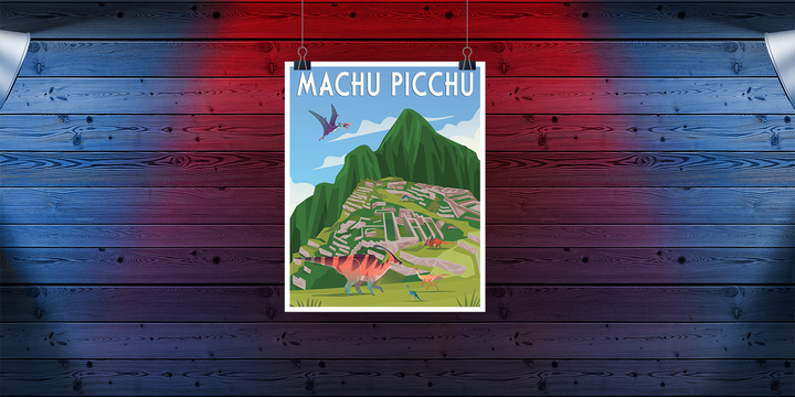 The Machu Picchu Poster by Jurassic Studio features illustrated dinosaurs flying and walking among mountains and ruins, adding a playful dinosaur touch to the scene on a blue and red wooden wall.