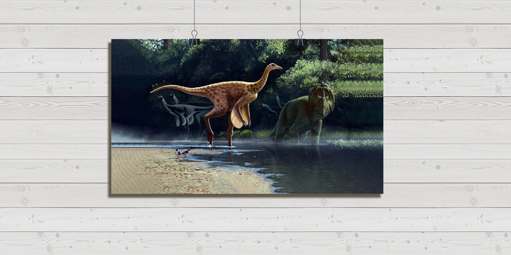 The Rativates Poster by Jurassic Studio features a dinosaur standing by water, with trees and two other dinosaurs in the background, displayed on a white wooden wall.