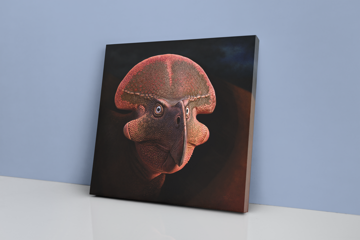 The Protoceratops Portrait Canvas Wrap by Jurassic Studio showcases a detailed, realistic dinosaur head with a frilled crest and textured skin, displayed against a light blue wall on a white surface.