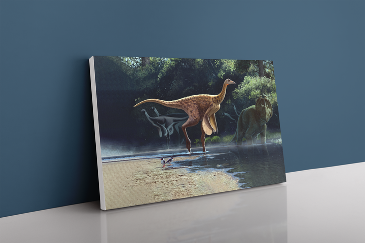 The Rativates Canvas Wrap by Jurassic Studio rests against a blue wall, depicting dinosaur art with a tall, long-necked dinosaur in a river, surrounded by trees and more dinosaurs in the background.